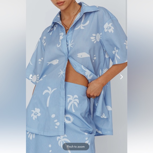 INDI LUXE LIGHT AURA BUTTON UP SHIRT PRINT BLUE WHITE - Picture 1 of 5